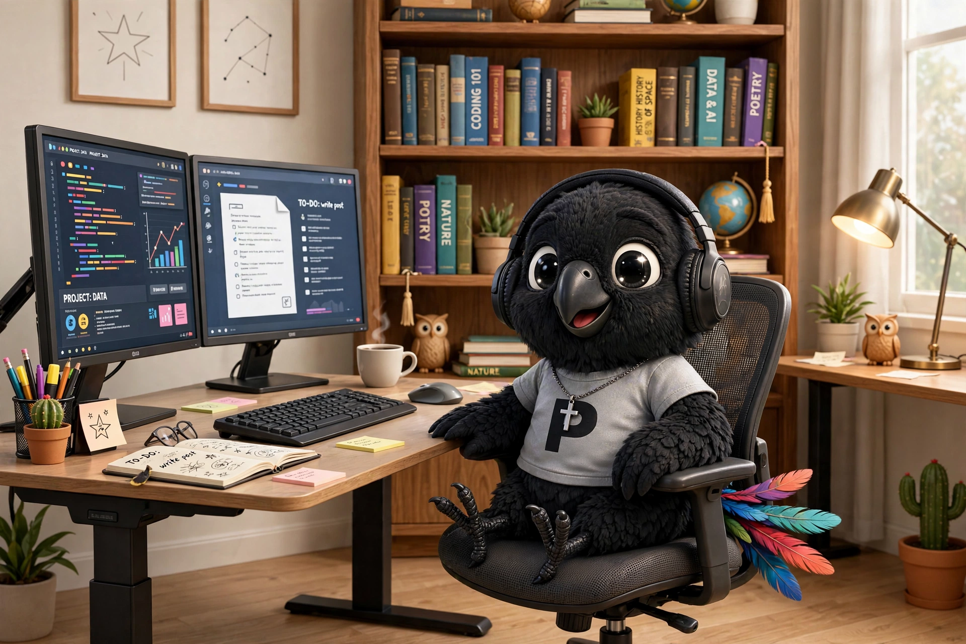 A cartoon black parrot in headphones, a grey P shirt and a silver cross necklace, sitting in an office chair at a desk with two monitors. One screen shows a to-do list that says 'write post'. Behind it, a bookshelf of colourful books, a globe and a desk lamp.