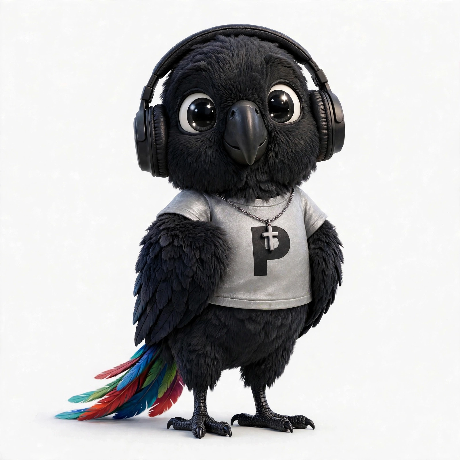 A cartoon black parrot standing, wearing headphones, a grey T-shirt with a large P and a silver cross necklace